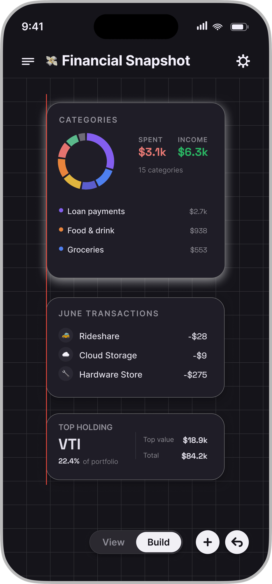 The Threshold app showing a Financial Snapshot canvas: a Categories card with a spending donut chart, $3.1k spent, $6.3k income and top categories (Loan payments, Food & drink, Groceries); a June Transactions card (Rideshare −$28, Cloud Storage −$9, Hardware Store −$275); and a Top Holding card for VTI at 22.4% of portfolio, $18.9k top value and $84.2k total.