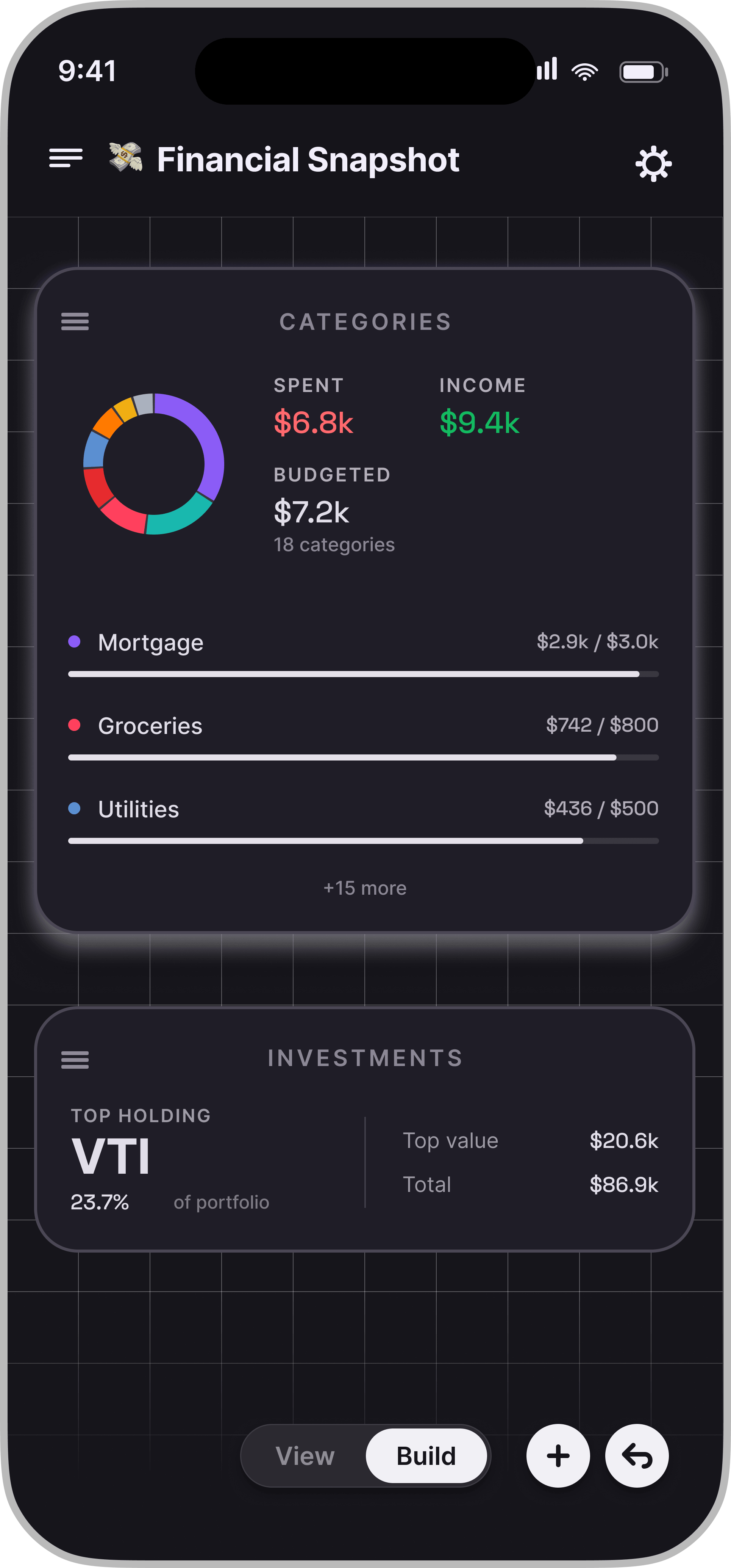 The Threshold app in Build mode showing the Financial Snapshot canvas with a lifted Categories card and an Investments card for VTI.